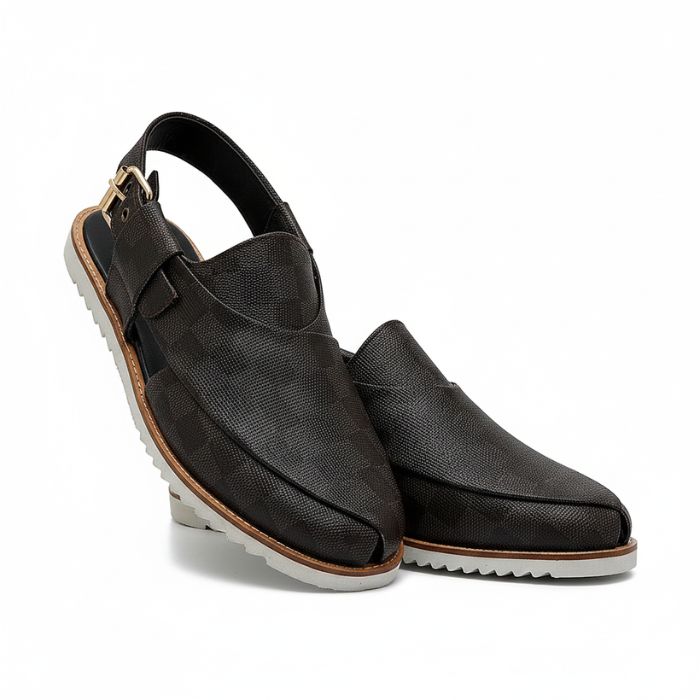 Men's Black Textured Leather Peshawari Chappal